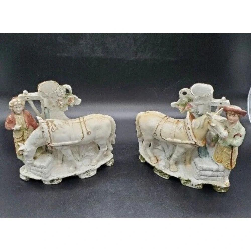 Antique‎ Pair German Grafental Bisque Porcelain Figurine Vase Horse People 6.5